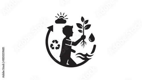 Child Planting Tree Recycling Environmental Education Vector Silhouette