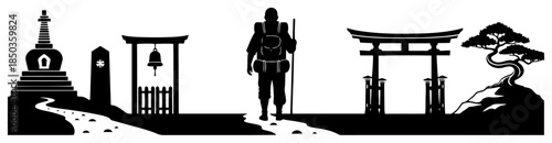 Silhouette of a pilgrim traveling through an asian landscape with torii gate and temple
