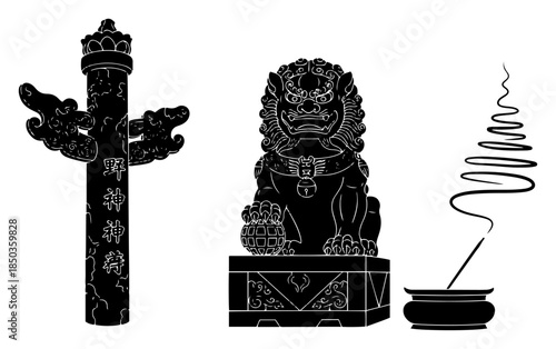 Traditional asian symbols featuring a guardian lion statue and burning incense stick