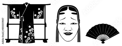 Collection of traditional japanese cultural symbols including kimono noh mask and folding fan