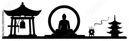 Black and white silhouette landscape of buddha meditating between temple and pagoda