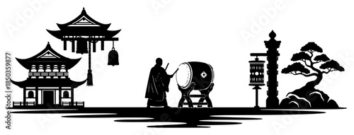 Silhouette of a monk playing a large taiko drum near japanese temple and pine tree