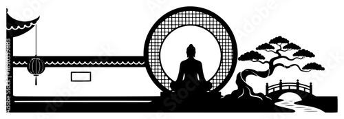 Silhouette of buddha meditating in a zen garden with round window and bonsai tree
