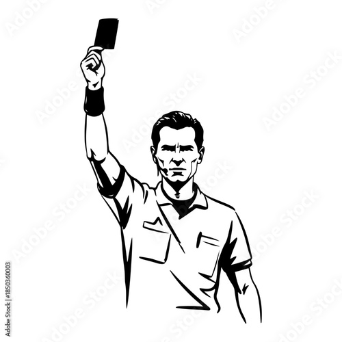 serious soccer referee raising hand to show penalty card during game