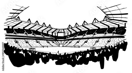 panoramic view of soccer stadium with crowd of fans and grandstands