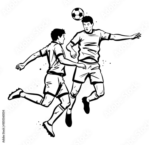 Two soccer players jumping for header in dynamic match action sketch