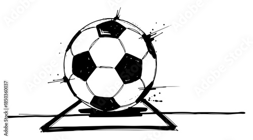 sketch of soccer ball standing on ground with grunge ink splatters