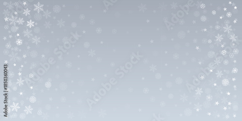 Christmas snow vector background. Falling snowflakes transparent decoration. New Year Holidays greeting card backdrop.