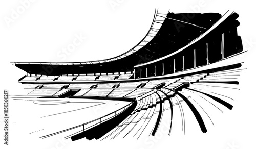 sketch of empty curved stadium grandstands with rows of seats