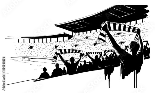 Crowd of soccer fans holding scarves and cheering in the stadium stands