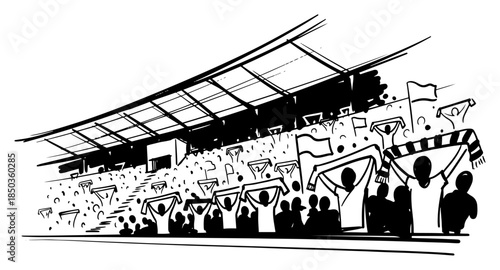 Excited crowd of fans cheering and waving scarves in a stadium stand