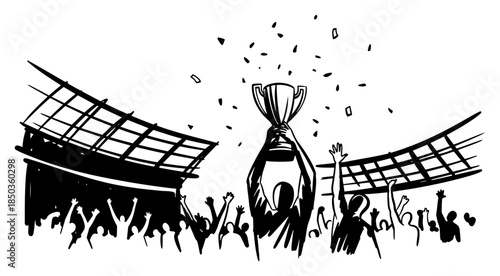 Champion raising a trophy cup in victory amidst falling confetti in a stadium