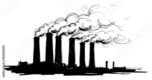 row of industrial factory chimneys emitting thick smoke