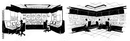 Industrial control room with operators working at monitoring consoles sketch illustration