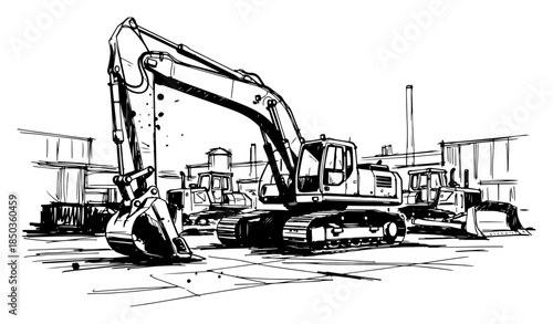 heavy excavator machine working on construction site ground