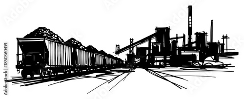Industrial freight train with cargo wagons near a factory plant sketch