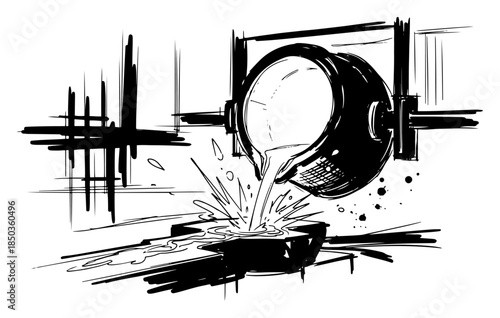 Molten metal pouring from a large ladle in a steel mill foundry sketch