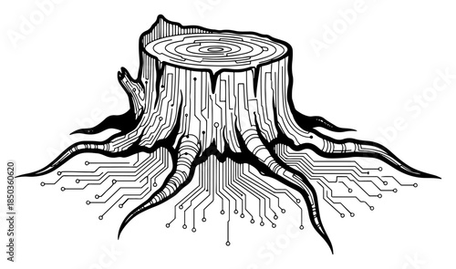 Tree stump with roots transforming into electronic circuit board patterns