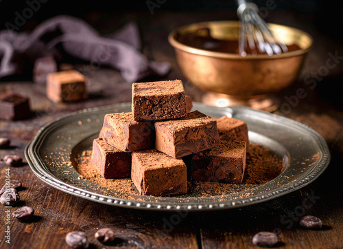 Italienische Schokoladen Trüffel auf einem nostalgischen Torten Tablett mit einer nostalgischen Kupfer Schale mit flüssiger Schokolade und einem Rührbesen