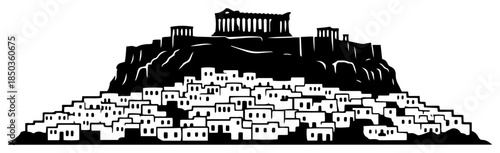 Acropolis of Athens silhouette rising above traditional Greek city houses