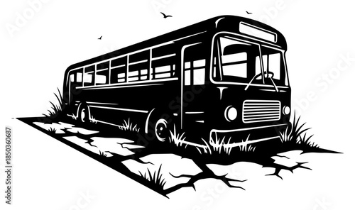 Vintage abandoned bus on a cracked rural road in woodcut style