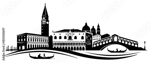 Venice Italy city skyline silhouette with Rialto Bridge and gondolas