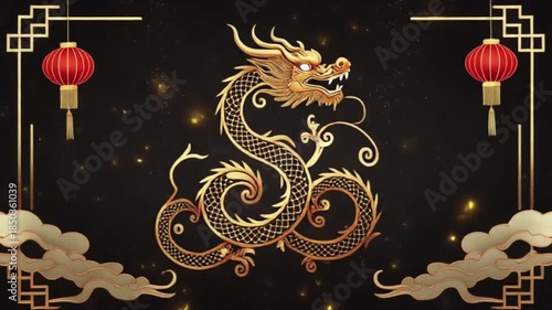 Golden Chinese dragon with red lanterns and clouds on a dark background, celebrating traditional culture.