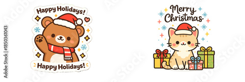 Cute bear and cat stickers celebrate holidays and Christmas with gifts and festive hats