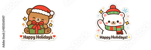 Cute bear and polar bear celebrate holidays with gifts and festive hats in colorful design for greeting cards