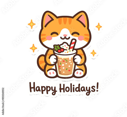 Cute cat holding a drink with a holiday theme in a cheerful setting