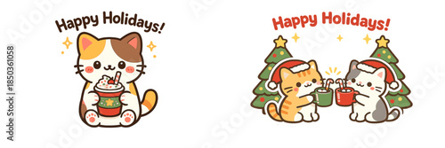 Cute cats celebrate holidays while enjoying hot drinks by Christmas trees in festive hats