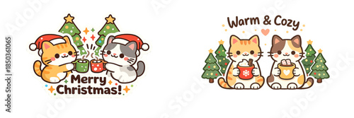 Cute cartoon cats celebrate Christmas with drinks and trees in a fun holiday scene