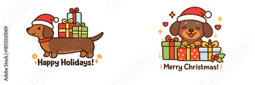 Cute dogs with holiday hats and gifts for celebration during Christmas and New Year time in a festive setting