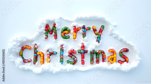 Overhead view of pristine snow with “Merry Christmas” carved using colorful candies