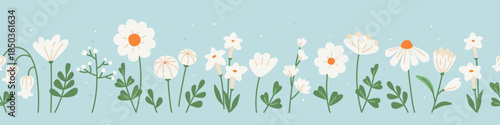 Seamless border with white wild decorative flowers