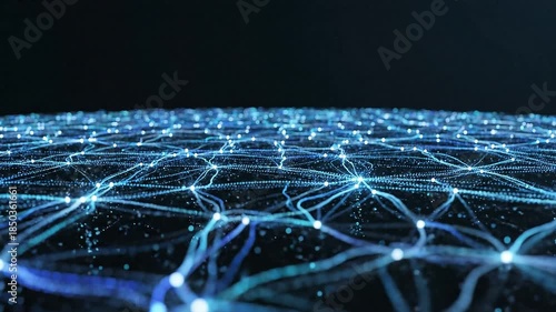 Abstract digital network with glowing blue connections and data points on a dark background, representing technology and interconnectedness.