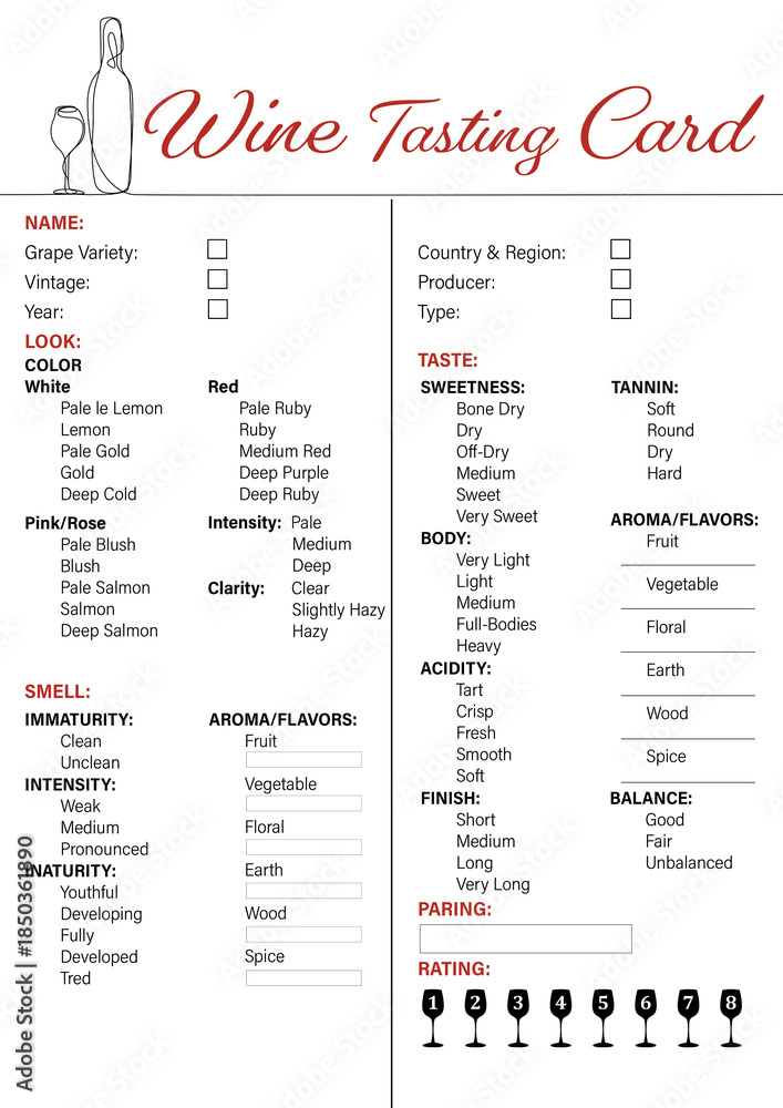 Obraz premium Wine tasting card design for sommelier, winery, buyers, restaurants