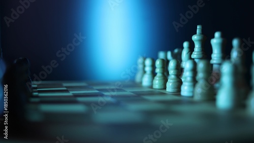 Cuadro en lienzo Dynamic video sequence of chess pieces positioned on a slowly rotating chessboard, symbolizing the intellectual confrontation between black and white opposing forces in strategic gameplay
