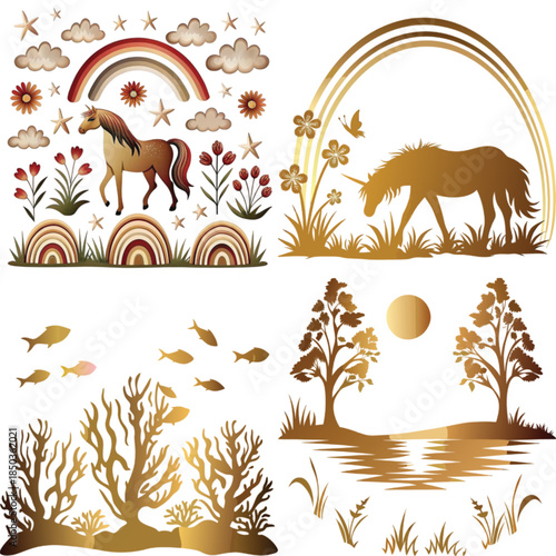 Gold illustration of nature scenes with animals, plants, and landscapes  