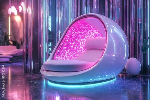 Meditation pod in a futuristic glowing room