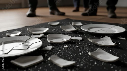 Shattered ceramic plates in dramatic style neutral colors representing domestic conflict and emotional tension indoors