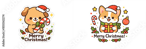 Cute cartoon dogs celebrate Christmas with gifts and candy canes in a festive setting during the holiday season