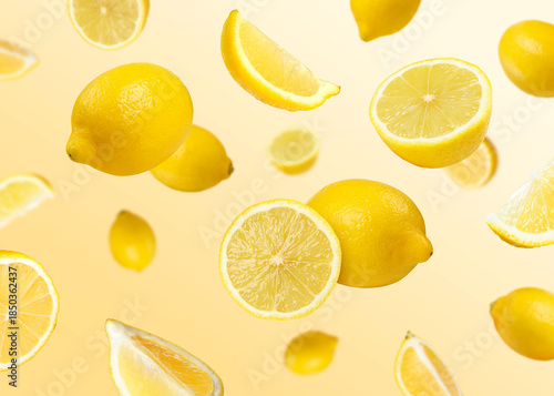 Wallpaper Mural Fresh lemons falling on orange gradient background. Citrus fruit Torontodigital.ca