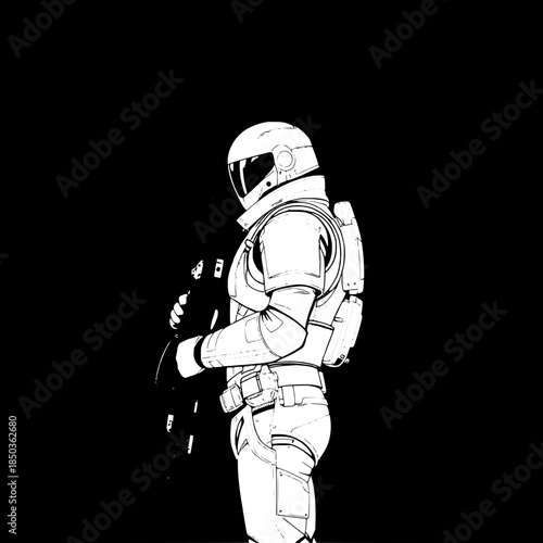 Graphic novel–style illustration of a lone tactical fighter, helmeted with a sleek black visor, suited in a white and gray armored uniform, a silver handgun visible on their hip, a black rifle slung o