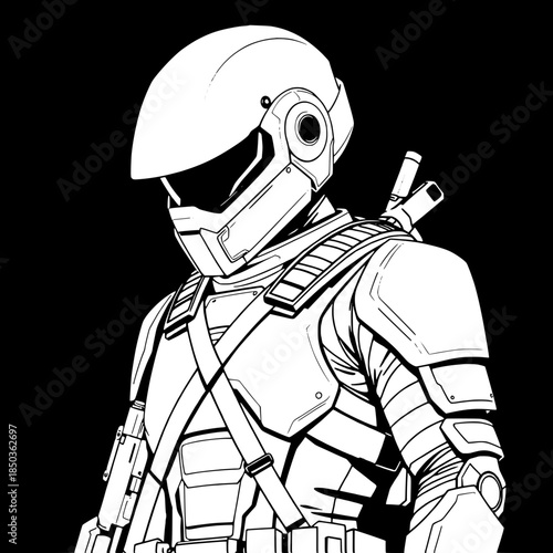 Graphic novel–style illustration of a lone tactical fighter, helmeted with a sleek black visor, suited in a white and gray armored uniform, a silver handgun visible on their hip, a black rifle slung o