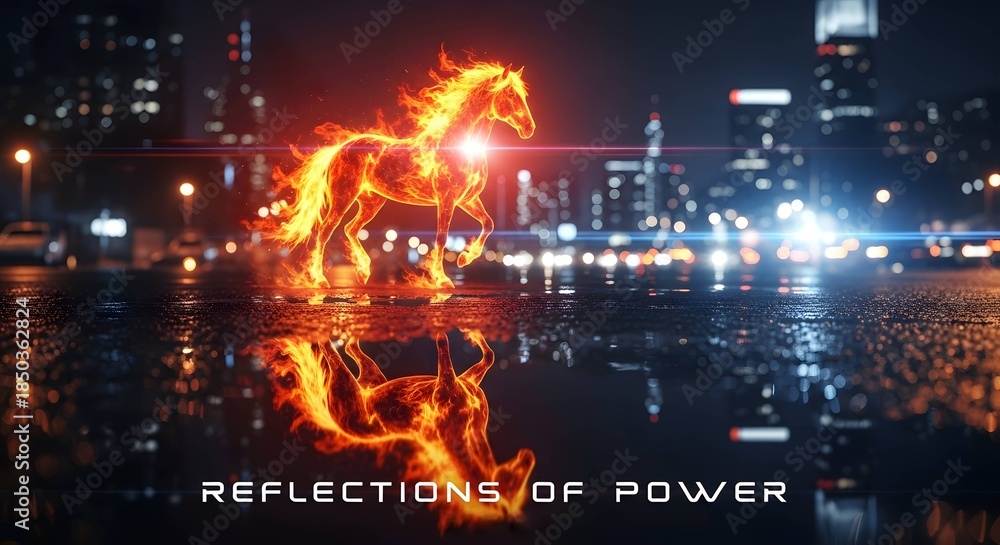 Obraz premium burning stallion with reflection on wet night street for digital art blogs, website banners, desktop wallpapers, cinematic book covers and gaming industry promotion, on bokeh background