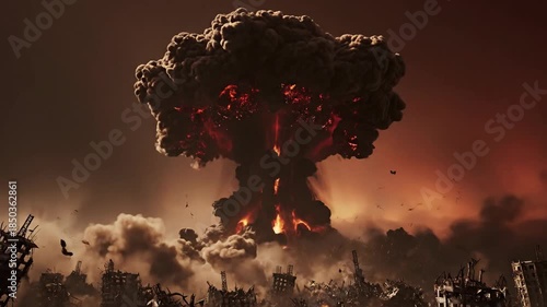 Nuclear explosion over ruined cityscape; fiery mushroom cloud dominates debris-filled vista