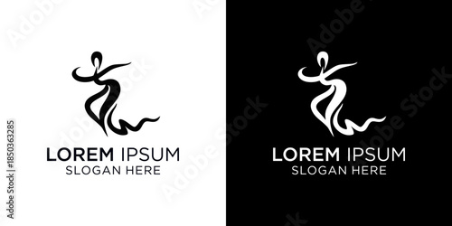 Logo design featuring a stylized dancer silhouette with customizable text, ideal for businesses seeking a modern and sophisticated brand identity.