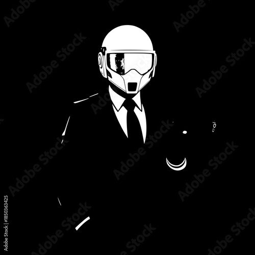 “Flat, high-contrast illustration of a combat-ready figure mixing formal clothing with tactical equipment, helmet visor glowing subtly, pistol in right hand, clean silhouette, stark black background, 