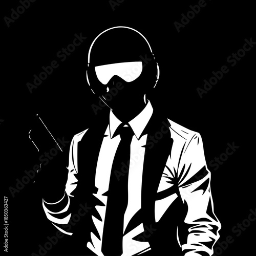 “Flat, high-contrast illustration of a combat-ready figure mixing formal clothing with tactical equipment, helmet visor glowing subtly, pistol in right hand, clean silhouette, stark black background, 